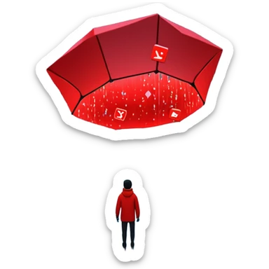 Virtual metaverse grid being flooded with digital waste: floating junk files, corrupted avatars, error signs blinking everywhere, neon red alert signals, sky of code raining down trash, holograms malfunctioning, futuristic city backdrop crumbling,  sticker