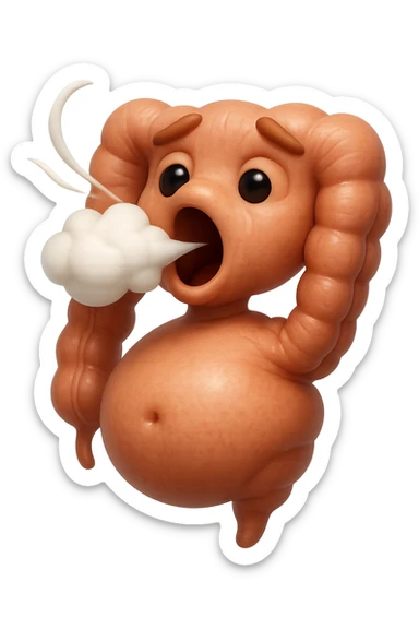 emoji stile iphone di un intestino che ingoia una nuvoletta di aria ben visibile e gli si gonfia la pancia, non fargli il naso, iperrealistico 4k sticker