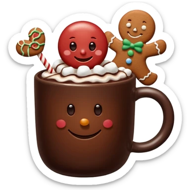 A hot chocolate with a gingerbread man and marshmallows sticker