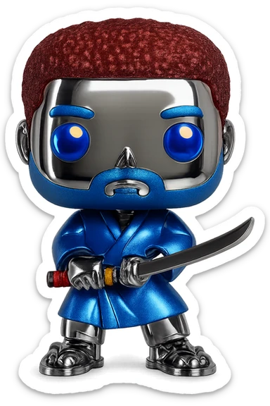 Transform this Funko Pop figure into a chrome version with shiny, reflective skin. Add bold, colorful details to the eyes, hair, and clothing, keeping the chrome effect on the skin and base. The eyes, hair, and clothes should be vivid and playful, while the rest remains chrome. sticker