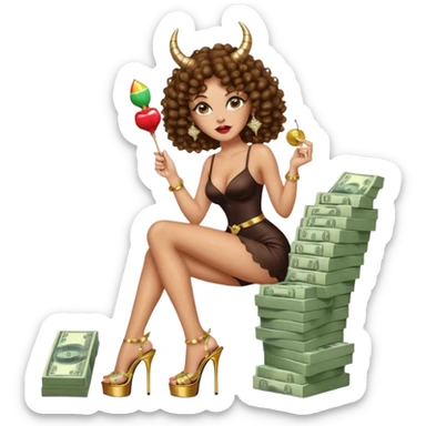 seductress evil brown curly haired sexy drug lord woman with clear glittery platform heels on her feet and horns on her head, holding a stack of cash and a lollipop in her mouth sticker