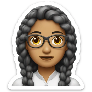 Uma mulher com cabelos longos e loiros liso,usando óculos de grau com armação preta com um colar de contas com uma pena . sticker