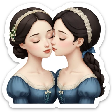 Two Victorian women sharing a gentle kiss, eyes closed, one with dark hair and one with light hair, both wearing modest dark Victorian dresses sticker