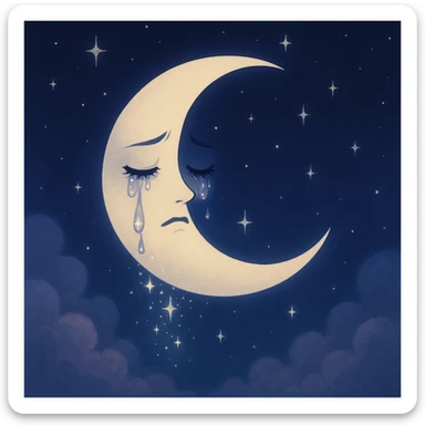 aesthetic nightcore crescent moon with closed eyes, teary, sparkles falling like tears, stars, navy-to-indigo gradient background, soft clouds, dreamy sadness sticker