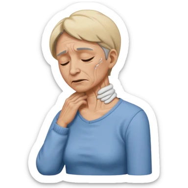 a person having a neck strain, and touching his neck (in pain). side view. he is wearing clothes sticker