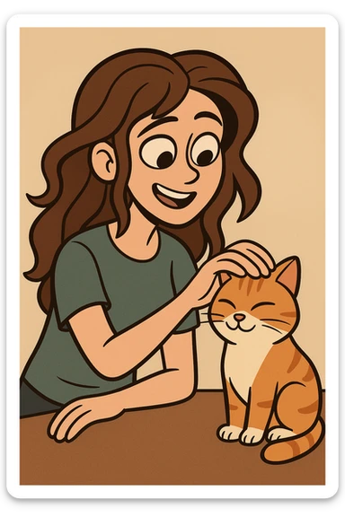 a girl with long wavy brown hair and brown eyes petting a cat, modern cartoon style sticker