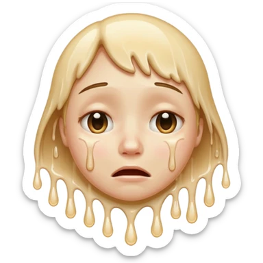 softly smiling crying face that appears to be melting downward, large glossy drip like emoji, combined with the smooth dissolving lower half similar to the melting face. ‘I’m okay :) but absolutely not okay’ sticker