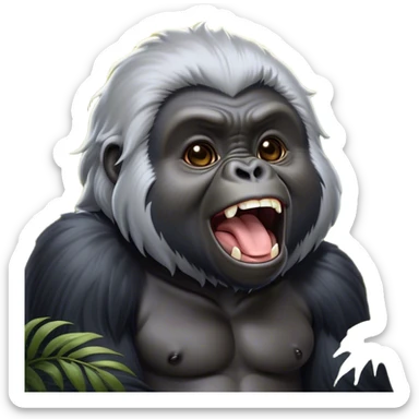 Cinematic Cute Yawning mountain Gorilla Portrait Emoji, Head tilted slightly with a dramatic, wide-open yawn, showcasing a formidable build with a silvery mane and drowsy, half-closed eyes, Simplified yet irresistibly adorable features, highly detailed, glowing with a soft, cozy jungle glow, high shine, relaxed yet expressive, stylized with a dash of whimsical primate charm, soft glowing outline, capturing the essence of a drowsy yet affectionate guardian that appears ready to stretch out for a nap! sticker