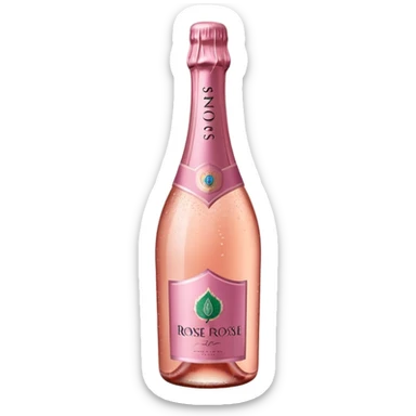 bottle of sparkling rosé with a rose logo on the label, angled to the left, no glass sticker