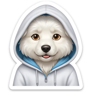 White dog ￼ wering a hodie sticker