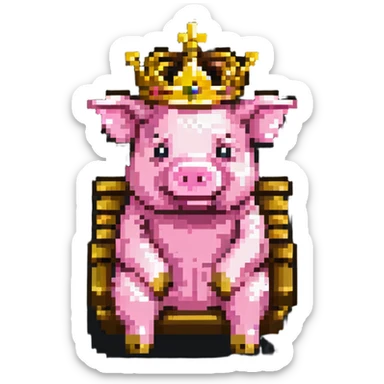 LEGO style pixel art pig with a golden crown sitting on a throne, classic LEGO brick shapes and studs, bright colors, simple and blocky sticker