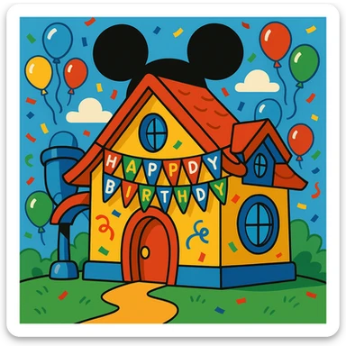Mickey Mouse inspired house, birthday celebration, vibrant colors, cartoon style sticker