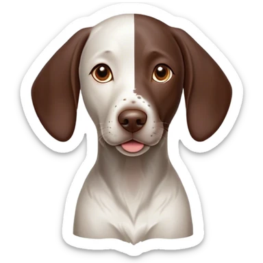Cinematic Cute German Pointer Portrait Emoji, Head tilted playfully and inquisitively, showcasing a smooth liver and white coat with a healthy sheen, round, sparkling brown eyes filled with curiosity, Simplified yet irresistibly adorable features, highly detailed, glowing with a warm, friendly glow, high shine, affectionate and spirited, stylized with a touch of whimsy, bright and endearing, soft glowing outline, capturing the essence of a mischievous yet loving companion, so playful it feels like it could dash out of the screen and into your arms! sticker
