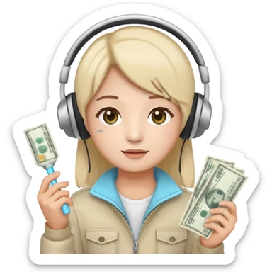 cute emoji style illustration of a K-pop fan holding a bright lightstick in one hand and cash money bills in the other hand, wearing a large headset on the head, round face, simple eyes, flat vector style, soft colors, transparent background, clean outline sticker