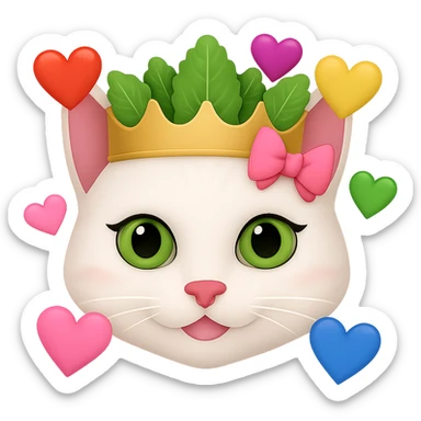 Make the hearts larger around the white cat with a pink bow and a green lettuce crown in the style of emoji. Remove the background. sticker