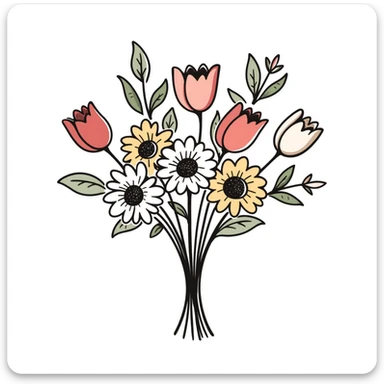 a bouquet with a variety of different flower types including roses, tulips, daisies, sunflowers, and lilies with stems and leaves in pastel colors dd9fb0, ffc6d3, a3bfc9, c4bee2, f1b091, detailed hand-drawn doodle style sticker