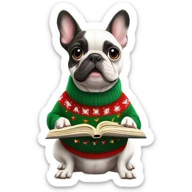French bulldog wearing a Christmas sweater and holding a songbook, with musical notes floating around sticker