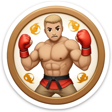 An emblem-style emoji symbolizing striking martial arts. The design features a stylized fighter in a dynamic stance, delivering a powerful punch, surrounded by a circular border with traditional elements like fists and combat symbols. Bold, clean lines with contrasting colors. sticker