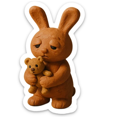 caramel bunny holding teddy bear, eyes drooping, claymation style sticker