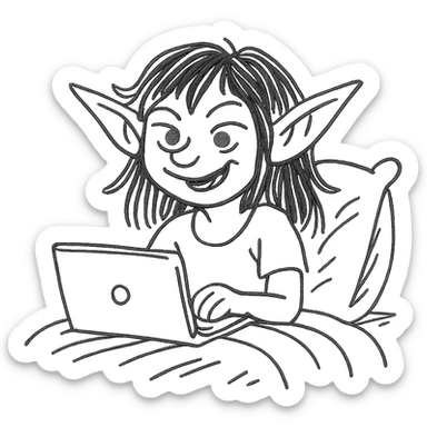 hand-drawn sketch style gremlin girl with dark brown hair, pretending to work from bed, playful, minimal background sticker