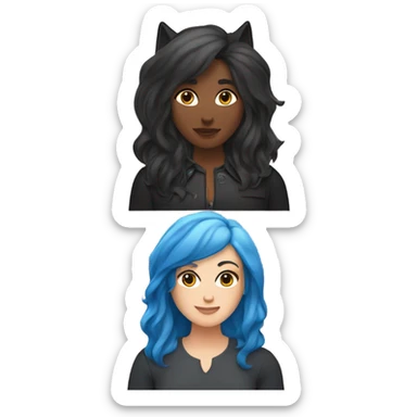 lesbians in love one with shoulder length black wolf cut and the other one id brunette with blue ends of her hair and they're both white sticker