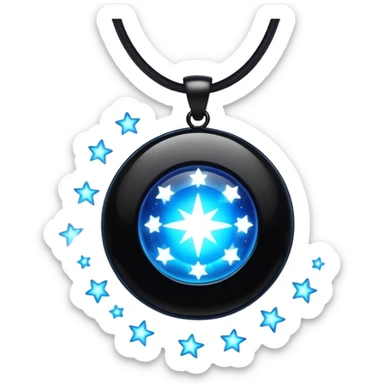 floating polished black onyx pendant, glowing with radiant blue energy, surrounded by tiny stars sticker