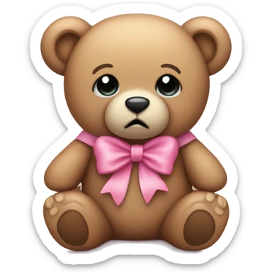 Sad teddy bear with pink bow holding hand out sticker
