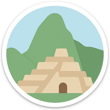 Transform the Machu Picchu logo into a circular badge shape while keeping the geometric flat color style and preserving the transparent background. sticker