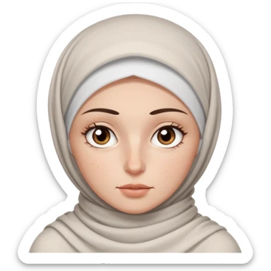 white girl with freckles, long eyelashes, thin lips, thin dark brown eyebrows, wide slightly sleepy eyes, wearing a white hijab sticker