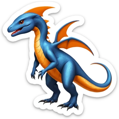 Shiny Black Koraidon-Latios-Salandit-Fakémon-hybrid-creature (full body) with orange belly sticker