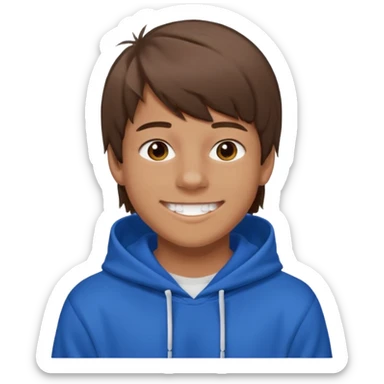16 yr old boy, brown hair, straight, big smile, white teeth, tanned skin, bangs, hooded sweatshirt sticker