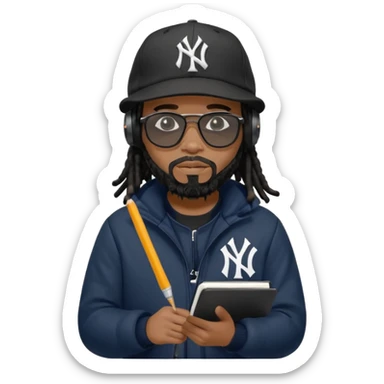 African American man with shoulder length black dreadlocks with black beard wearing black sunglasses wearing a black New York Yankees logo baseball cap wearing a black bubble winter coat wearing headphones writing in notebook sticker