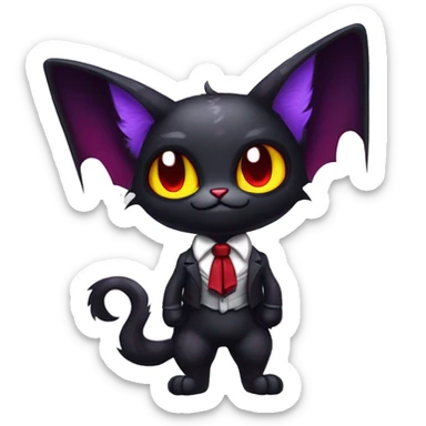 Cute-Evil-Vampiric-Batty-Cat-Black-Purple-Red-Yellow-Contrast-Colors-Fantasy-Fur-Sona-Chibi-Shiny-Fakémon-Hybrid with horns and big fangs neck bow white tie leg spats full body sticker
