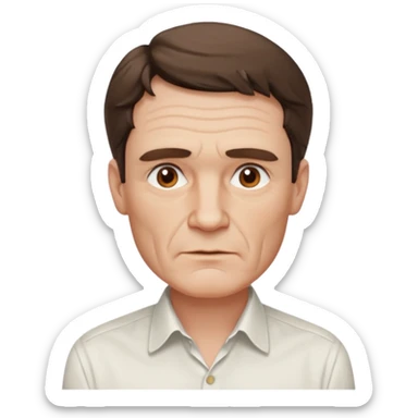 create an emoji of a man with wrinkles, square face. he has an English gentleman look, a few hairs at the chin no moustache with short wavy brown hair, brown eyes, pale skin, natural lips. he wears a white shirt sticker