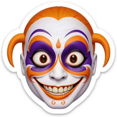 Juggalo smiley face that is Perfectly round and hairless with white skin with realistic human brown colored eyes and elaborate but symmetrical thin lined face paint from the top of the forehead down the sides of their chin to the bottom of their face that is orange outlined in dark purple, with an unrealistic anatomically impossible grin and look in their eyes that is menacing sticker