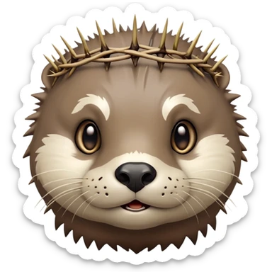 really cute confused otter face with simple thorny stem wrapped horizontally around its forehead like Jesus Christ's Crown of thorns, no crown shape on top, just thin spiky branches circling the forehead, very cartoony and expressive face, big eyes sticker