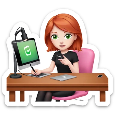 Redhead with green eyes sat at desk with pink MacBook and  podcast microphone black top and pink chair  sticker
