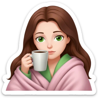 woman with very long brown hair and green eyes in a light pink blanket sleepy with coffee sticker