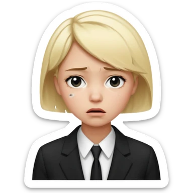 a office woman disappointed and scared now after getting yelled at, short blonde hair with black and white suit sticker