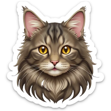 Cinematic Cute Maine Coon Cat Portrait Emoji, Head tilted playfully and inquisitively, sleek black tones, Simplified yet adorable features, highly detailed, glowing with a warm, friendly glow, high shine, curious and affectionate, stylized with a touch of whimsy, bright and alert, soft glowing outline, capturing the essence of a mischievous yet loving kitten, so endearing it feels like it could pounce out of the screen and play with its fluffy tail swishing! sticker