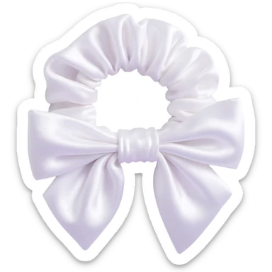 small silky white scrunchie with a bow and shimmer effect sticker