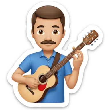 man with mustache and short hair playing guitar, simple and clear, no background, Apple emoji style sticker