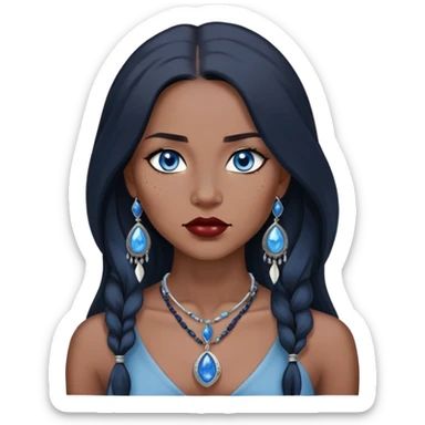 woman katara native american blue eyes dark skin freckles dark black long hair reddish lipstick necklace with sapphire pendant sticker