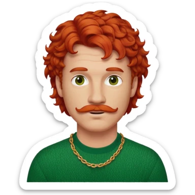 handsome red-haired man with curly mullet and mustache, green sweater, red necklace sticker