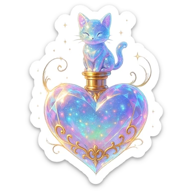 luxurious crystal elixir bottle in heart shape, pastel gradient, lots of glow, edges, ornaments, golden details, magical effects, very small golden neck, transparent background, beautiful merging bottom, clearly floating in air, no base or shadow, premium class impression, small cat sitting on top, design matching crystal, luxurious, magical bottle collection sticker