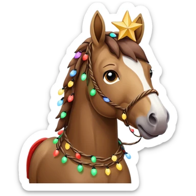 Horse rapped in Christmas lights with star on head sticker
