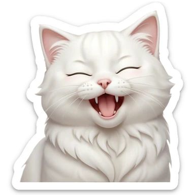 Cinematic Cute Yawning White Cat Portrait Emoji, Head gently tilted with an endearing, wide-open yawn and softly closed eyes, showcasing a pristine white fur with delicate hints of silver, simplified yet irresistibly adorable, highly detailed, glowing with a tender, cozy radiance, high shine, exuding sleepy charm and gentle affection, styled with a soft glowing outline, capturing the essence of a white cat caught mid-yawn, radiating pure, adorable lethargy! sticker