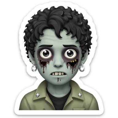 boy zombie with curly black hair emo grey skin skin and diamond stud earrings, make the emoji look like this one 🧟 sticker