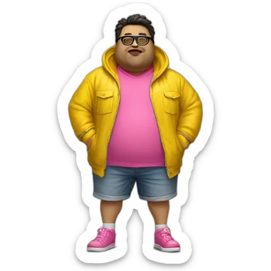 fat man with dark hair,a vibrant long yellow jacket, pink glasses, short jeans shorts. Show full lenght peson sticker