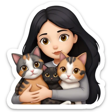 girl with black hair hugging three cats  (tortie cat, gray cat, brown calico cat) sticker